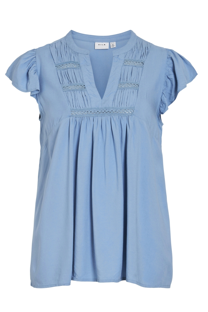 VIVISIA V-NECK C/S PLEATED TOP/TES 14106953 BLISSFUL BLUE